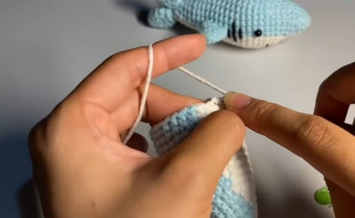 Hands sewing the cream belly piece along the underside of a light blue crochet tiger shark amigurumi body.
