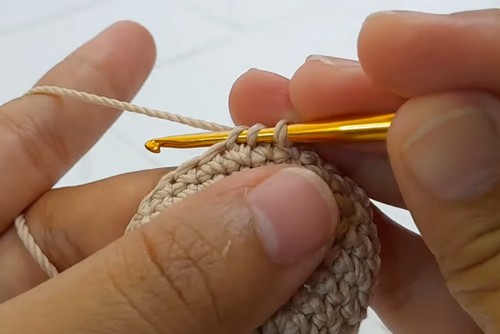 Hands working beige amigurumi rounds with a gold hook, showing the curved body section taking shape