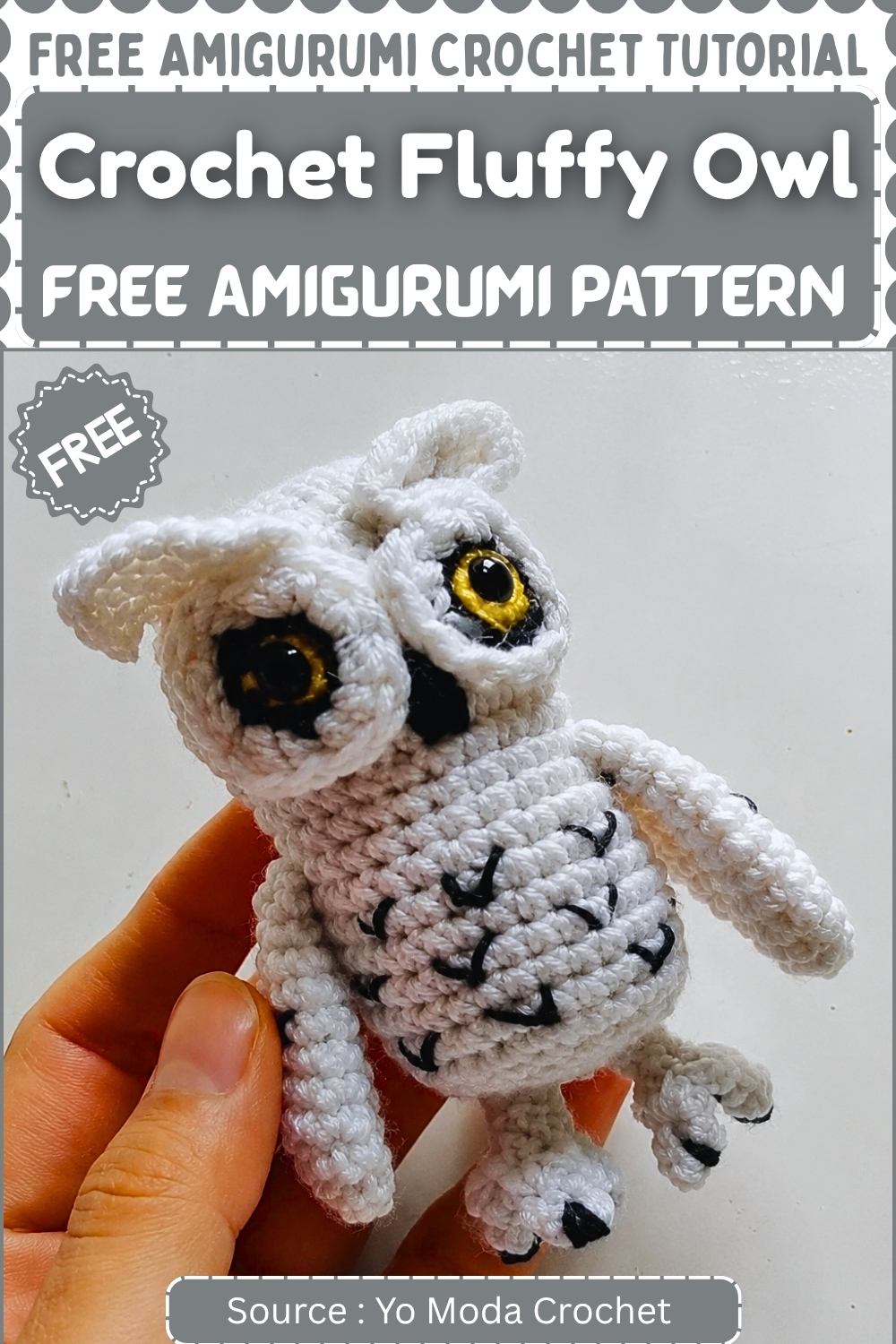 Completed crochet fluffy owl amigurumi in white and grey yarn with oversized yellow safety eyes, a white head tuft, embroidered belly feathers, and black claw tips, held against a white background.
