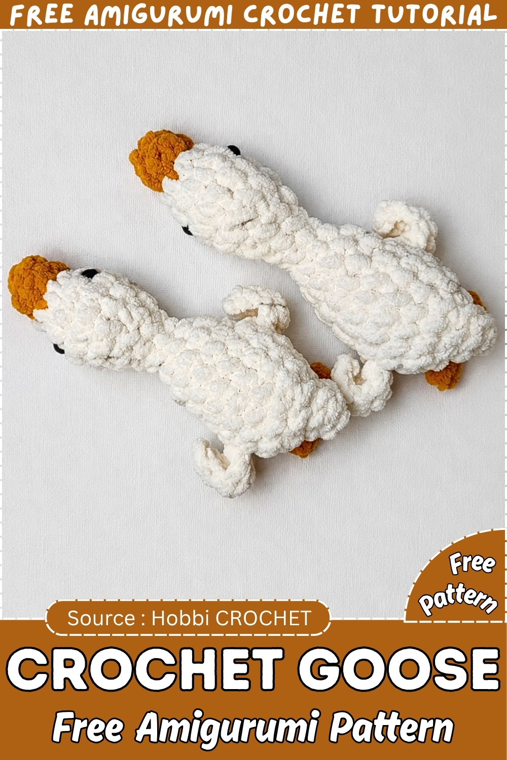 Two completed white chenille crochet goose amigurumi with orange beaks and feet displayed flat on a white surface, showing the full body silhouette from a top-down angle.