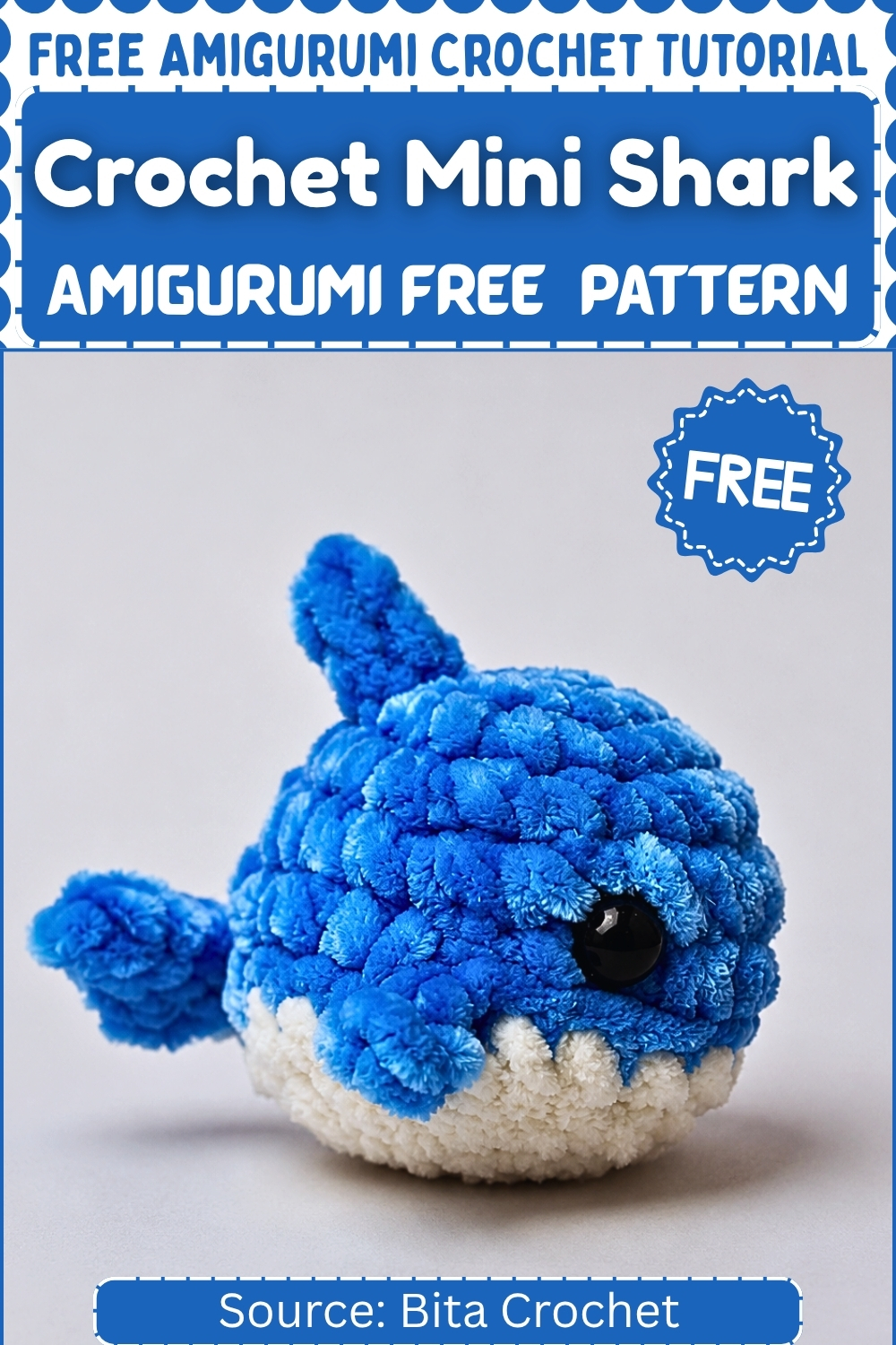 Promotional graphic showing a completed blue chenille crochet mini shark amigurumi with cream belly on a neutral background.