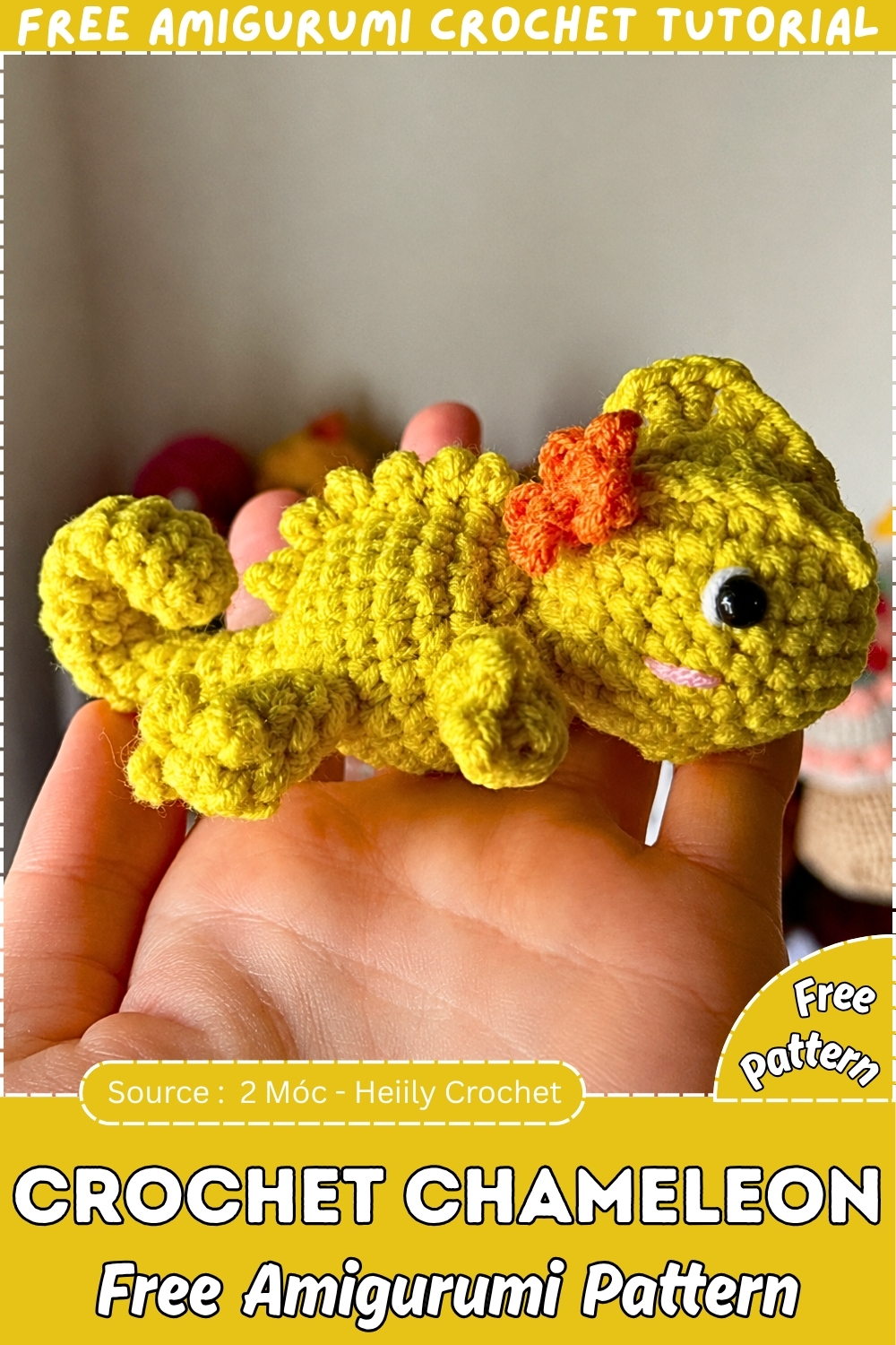 A yellow one piece crochet chameleon held up close for a free amigurumi pattern.