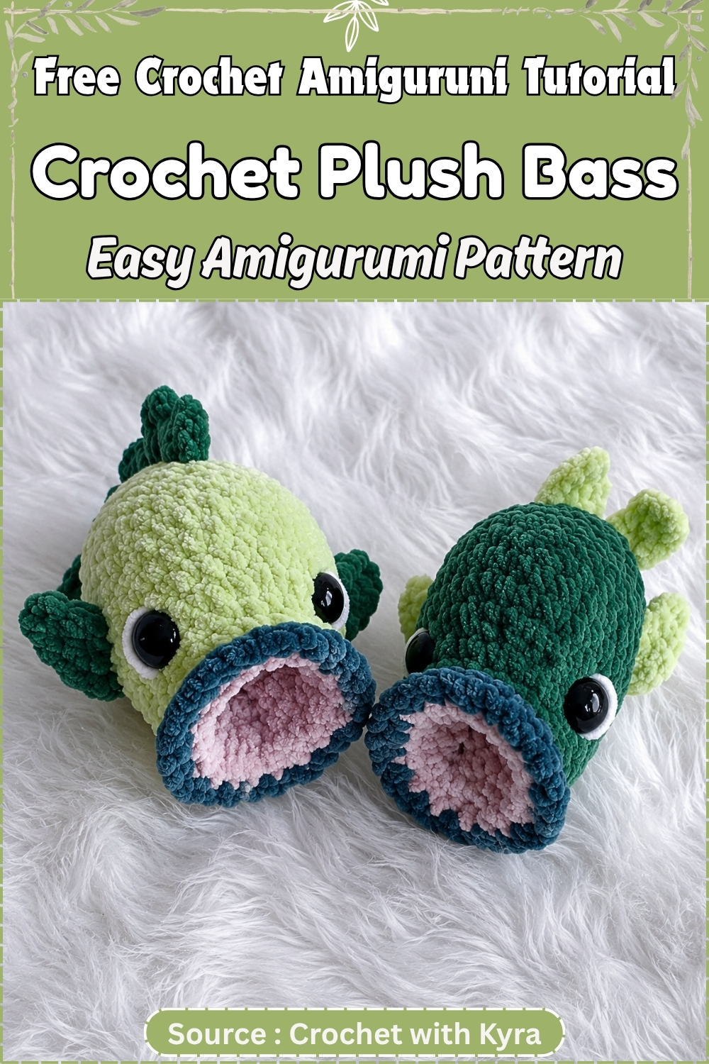 Two completed crochet plush bass amigurumi in light and dark green chenille yarn with wide open pink mouths and black safety eyes, posed together on a white fur-textured background.